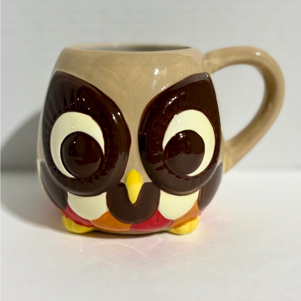 Owl Cup Mug Mesa Home Products Hand Painted Coffee Tea Orange Brown Red Yellow
